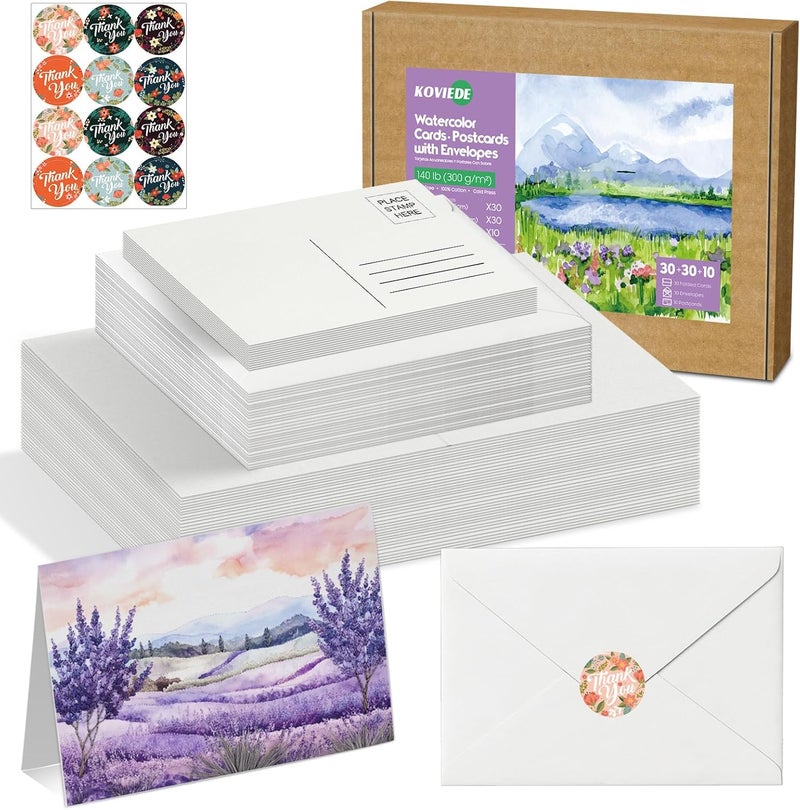 KOVIEDE 30 Pack Blank Foldable Watercolor Cards with Envelopes 4"x6", 10 Sheets Watercolor Postcards, 140lb/300gsm Heavyweight 100% Cotton Cards for Painting, Greeting, Birthday Valentine - Image 1